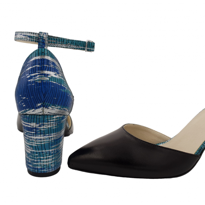 Pantofi sanda dama eleganti, piele naturala, toc gros, imbracat, negru cu argintiu, turcoaz, Sandali [4]