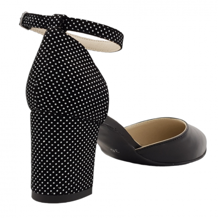 Pantofi sanda dama eleganti, piele naturala, toc gros, imbracat, negru cu buline albe, Sandali [2]