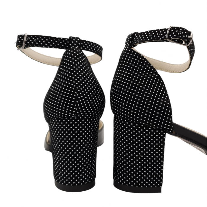 Pantofi sanda dama eleganti, piele naturala, toc gros, imbracat, negru cu buline albe, Sandali [4]