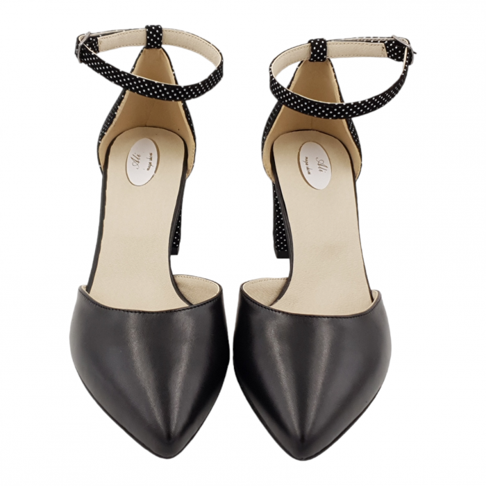 Pantofi sanda dama eleganti, piele naturala, toc gros, imbracat, negru cu buline albe, Sandali [3]