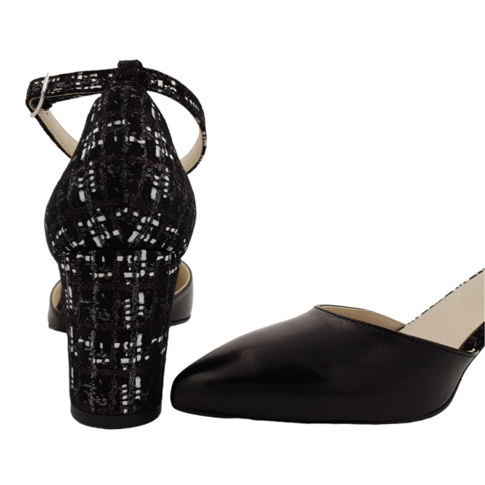 Pantofi sanda dama eleganti, piele naturala, toc gros, imbracat, negru cu carouri, Sandali [4]