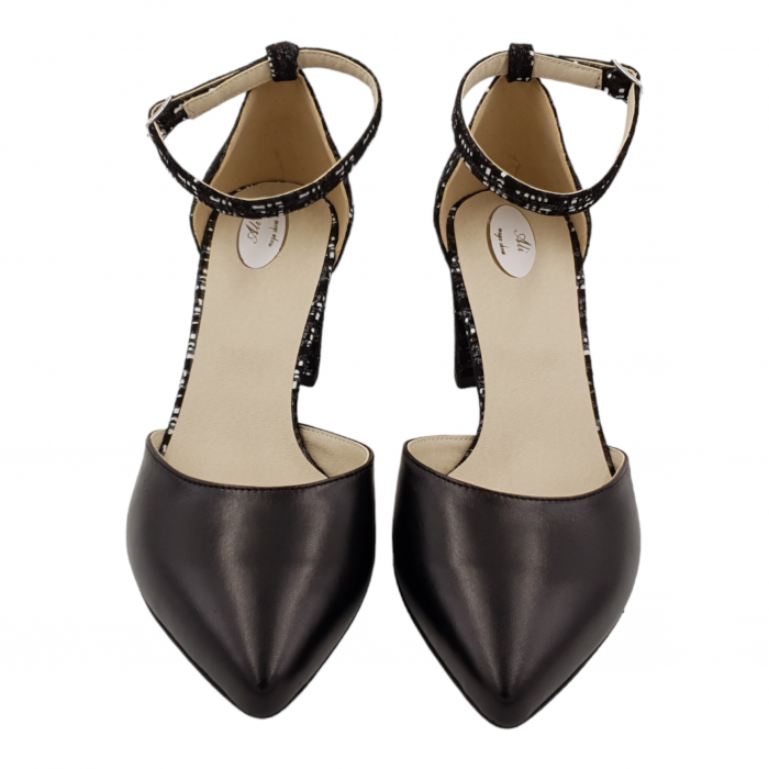 Pantofi sanda dama eleganti, piele naturala, toc gros, imbracat, negru cu carouri, Sandali [3]