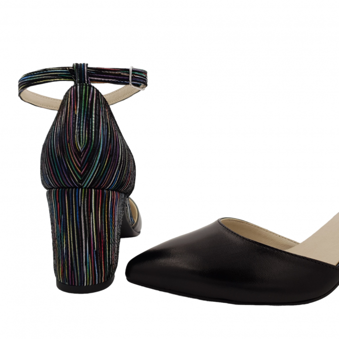 Pantofi sanda dama eleganti, piele naturala, toc gros, imbracat, negru cu dungi colorate, Sandali [4]