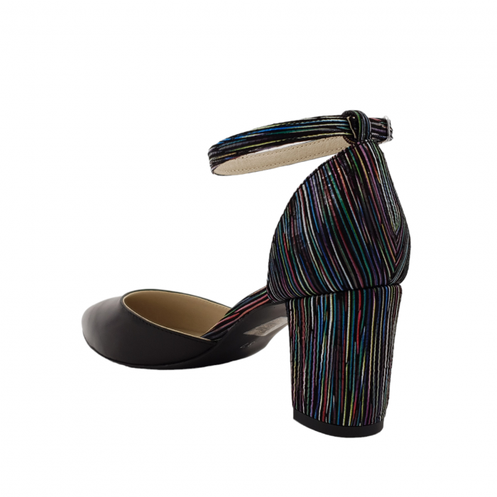 Pantofi sanda dama eleganti, piele naturala, toc gros, imbracat, negru cu dungi colorate, Sandali [2]