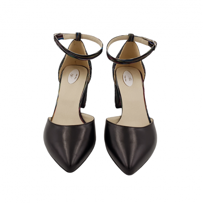Pantofi sanda dama eleganti, piele naturala, toc gros, imbracat, negru cu dungi colorate, Sandali [3]