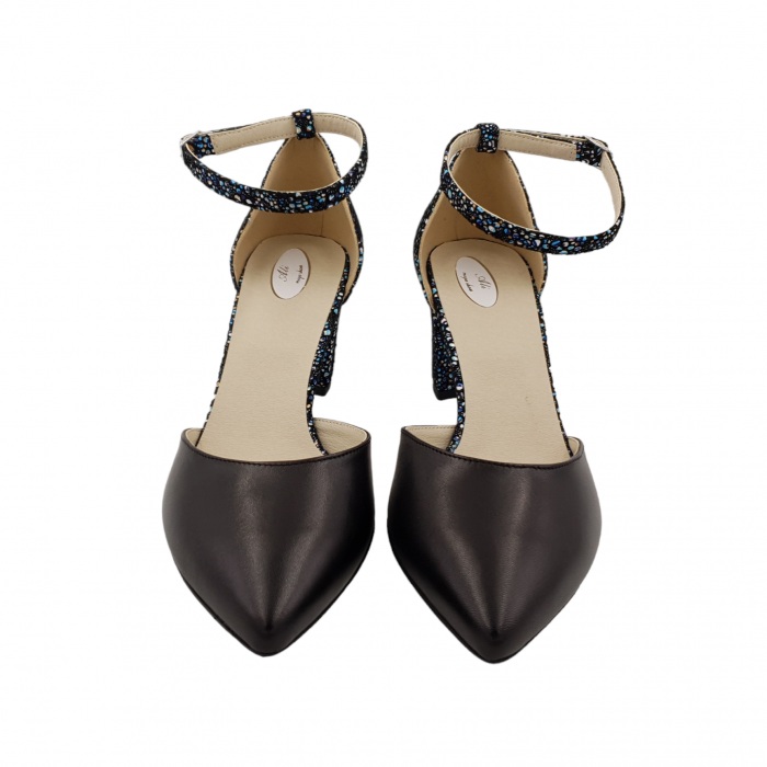 Pantofi sanda dama eleganti, piele naturala, toc gros, imbracat, negru cu flori albastre, Sandali [3]