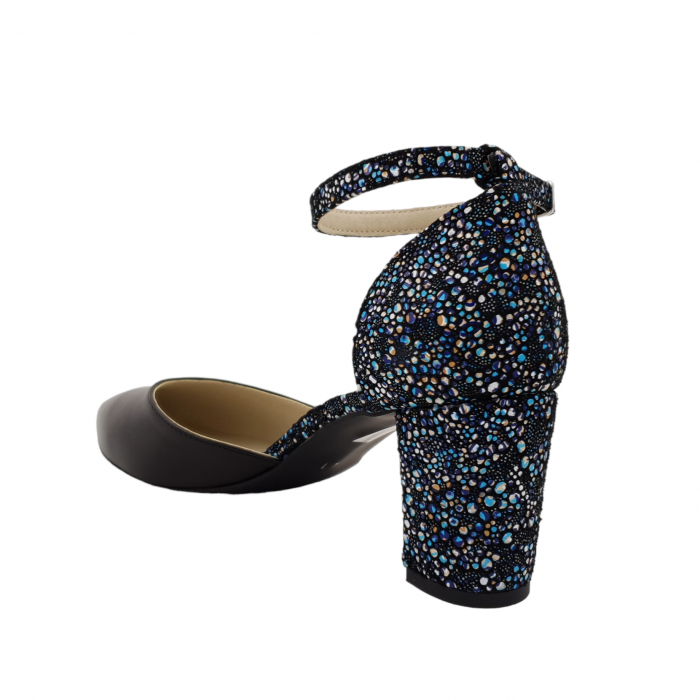 Pantofi sanda dama eleganti, piele naturala, toc gros, imbracat, negru cu flori albastre, Sandali [2]