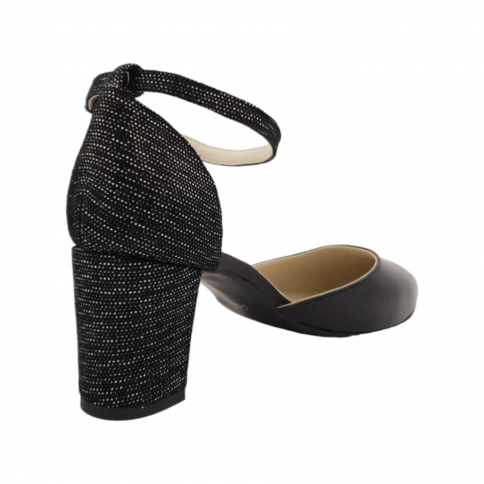 Pantofi sanda dama eleganti, piele naturala, toc gros, imbracat, negru cu imprimeu maro-alb, Sandali [2]