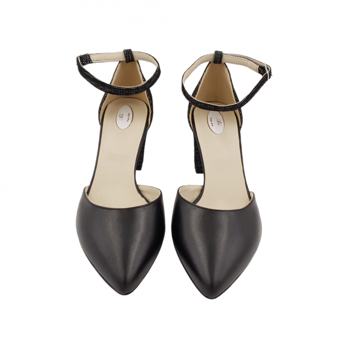 Pantofi sanda dama eleganti, piele naturala, toc gros, imbracat, negru cu imprimeu maro-alb, Sandali [3]