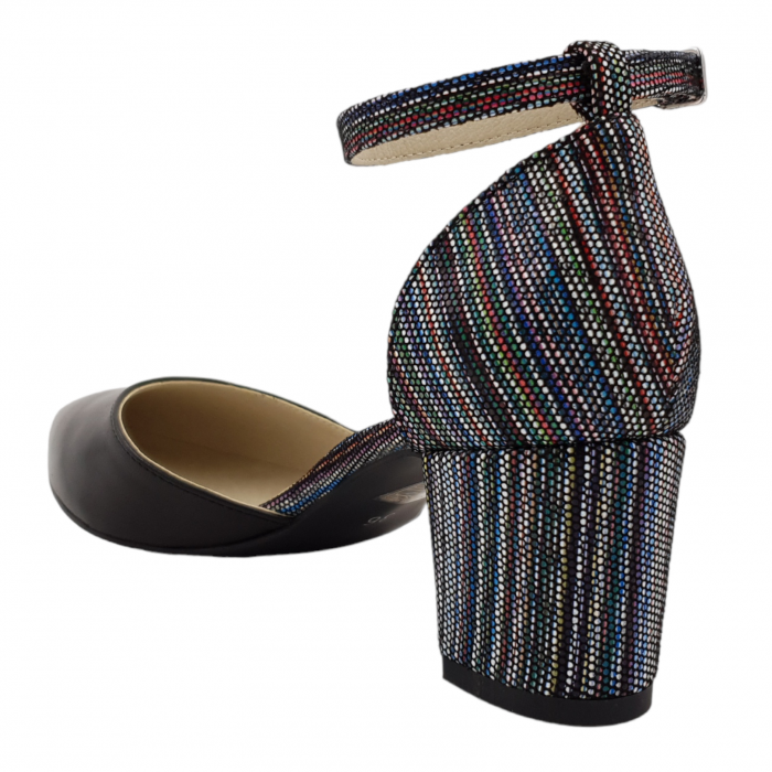 Pantofi sanda dama eleganti, piele naturala, toc gros, imbracat, negru cu linii colorate, Sandali [2]