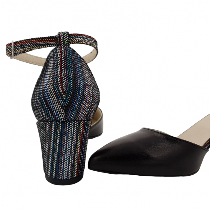 Pantofi sanda dama eleganti, piele naturala, toc gros, imbracat, negru cu linii colorate, Sandali [4]