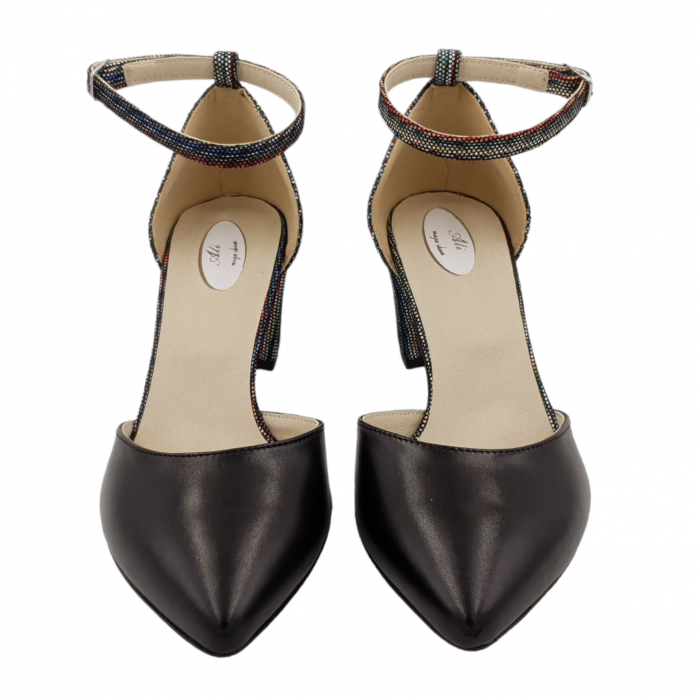 Pantofi sanda dama eleganti, piele naturala, toc gros, imbracat, negru cu linii colorate, Sandali [3]