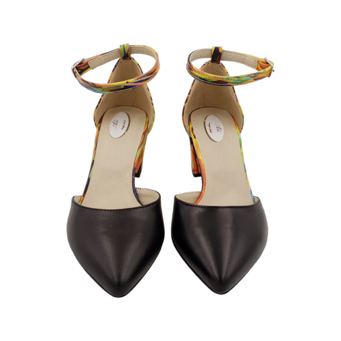 Pantofi sanda dama eleganti, piele naturala, toc gros, imbracat, negru cu galben picasso, Sandali [3]
