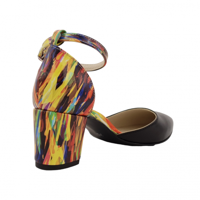 Pantofi sanda dama eleganti, piele naturala, toc gros, imbracat, negru cu galben picasso, Sandali [2]