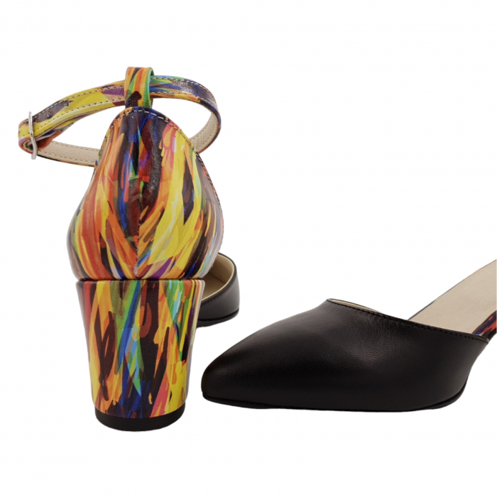 Pantofi sanda dama eleganti, piele naturala, toc gros, imbracat, negru cu galben picasso, Sandali [4]
