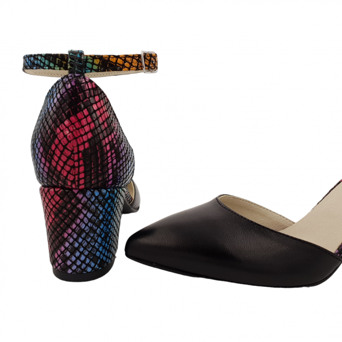 Pantofi sanda dama eleganti, piele naturala, toc gros, imbracat, negru cu sarpe colorat, Sandali [4]
