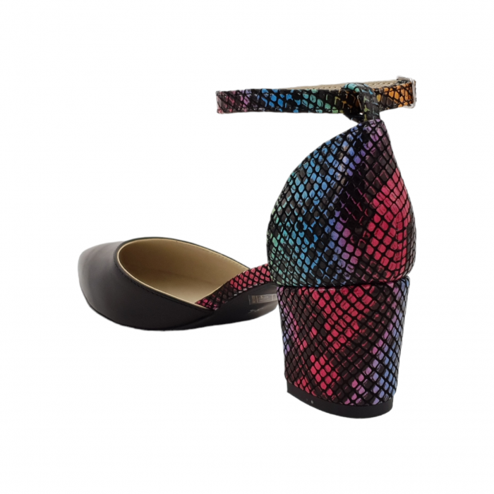 Pantofi sanda dama eleganti, piele naturala, toc gros, imbracat, negru cu sarpe colorat, Sandali [2]