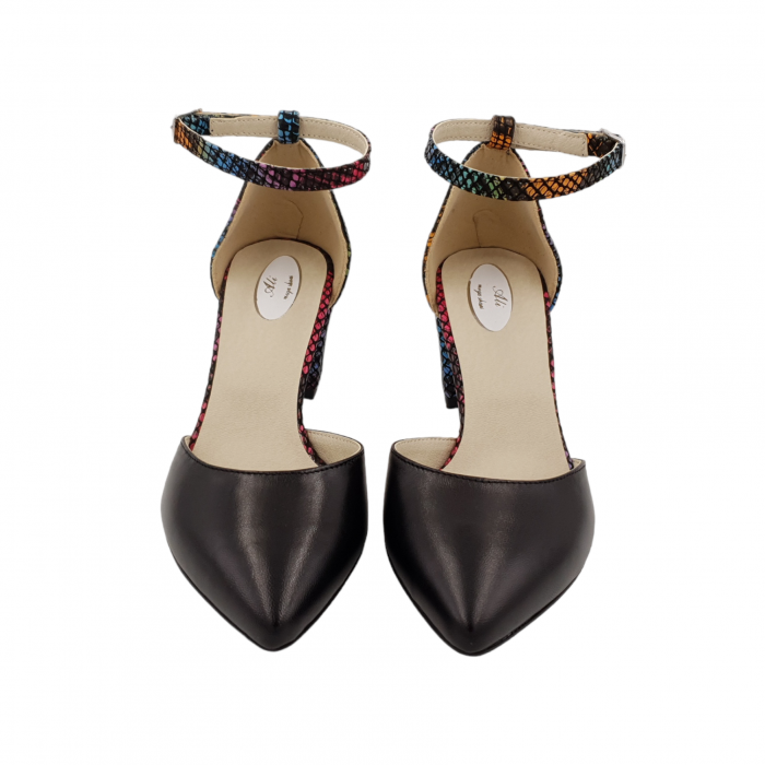 Pantofi sanda dama eleganti, piele naturala, toc gros, imbracat, negru cu sarpe colorat, Sandali [3]