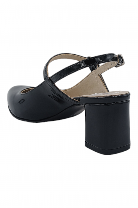 Pantofi sanda dama eleganti, piele naturala, toc gros, imbracat, negru lacuit, Sandali [3]
