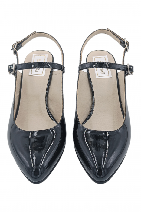 Pantofi sanda dama eleganti, piele naturala, toc gros, imbracat, negru lacuit, Sandali [4]