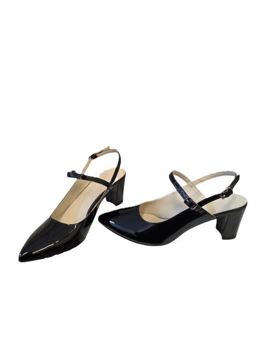 Pantofi sanda dama eleganti, piele naturala, toc gros, imbracat, negru lacuit, Sandali [5]