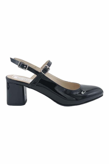 Pantofi sanda dama eleganti, piele naturala, toc gros, imbracat, negru lacuit, Sandali [2]
