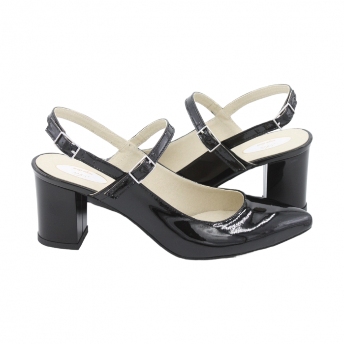 Pantofi sanda dama eleganti, piele naturala, toc gros, imbracat, negru lacuit, Sandali [4]