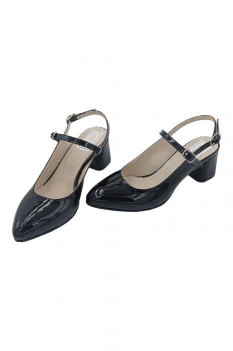 Pantofi sanda dama eleganti, piele naturala, toc gros, imbracat, negru lacuit, Sandali [5]