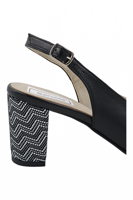 Pantofi sanda damă eleganți, piele naturală, toc gros, îmbrăcat negru zig-zag, Sandali [3]