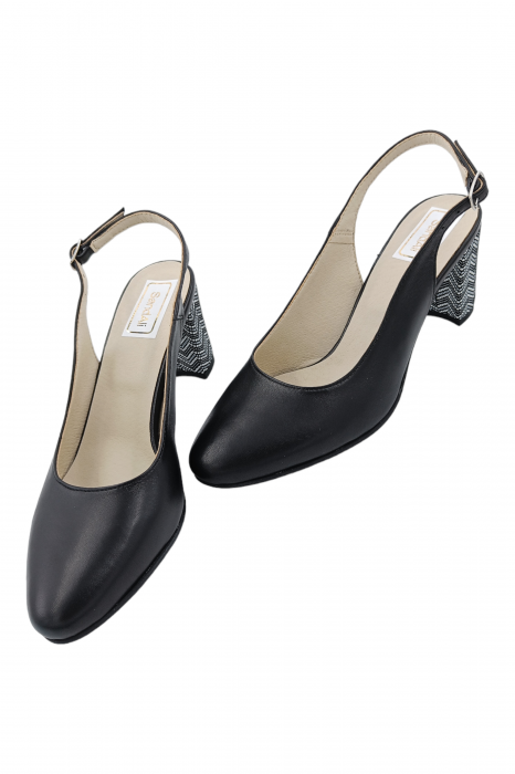 Pantofi sanda damă eleganți, piele naturală, toc gros, îmbrăcat negru zig-zag, Sandali [5]