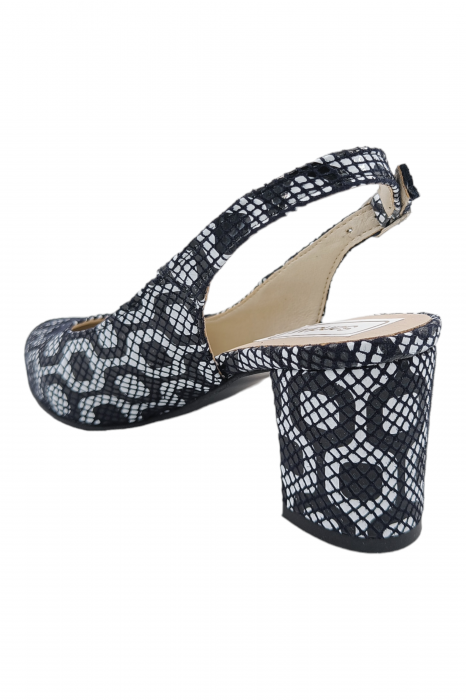 Pantofi sanda damă eleganți, piele naturală, toc gros, imprimeu alb-negru retro, Sandali [3]