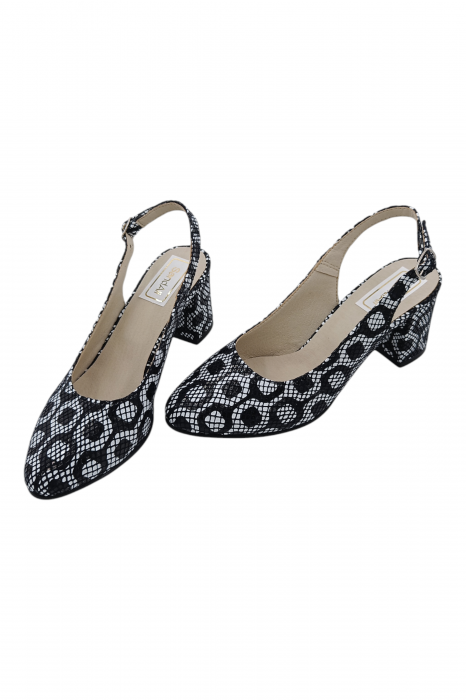 Pantofi sanda damă eleganți, piele naturală, toc gros, imprimeu alb-negru retro, Sandali [5]
