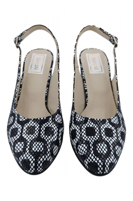 Pantofi sanda damă eleganți, piele naturală, toc gros, imprimeu alb-negru retro, Sandali [4]