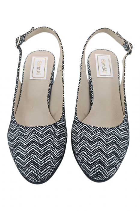 Pantofi sanda damă eleganți, piele naturală, toc gros, imprimeu alb-negru zig zag, Sandali [4]