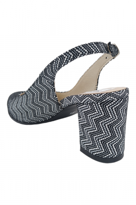 Pantofi sanda damă eleganți, piele naturală, toc gros, imprimeu alb-negru zig zag, Sandali [3]