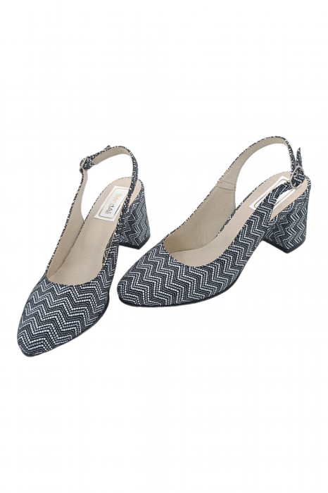 Pantofi sanda damă eleganți, piele naturală, toc gros, imprimeu alb-negru zig zag, Sandali [5]