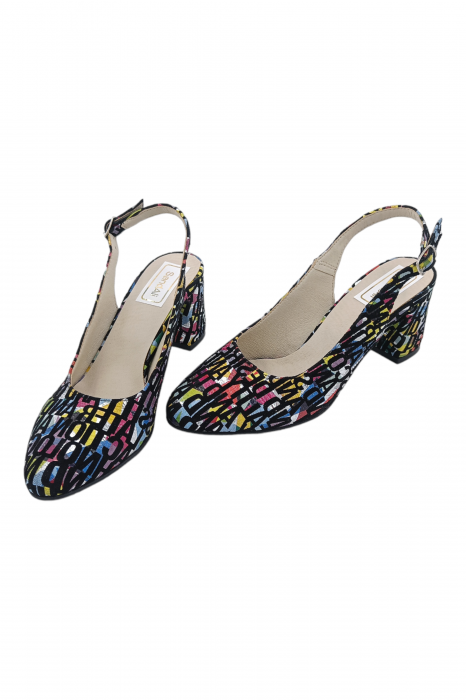 Pantofi sanda damă eleganți, piele naturală, toc gros, imprimeu litere, Sandali [5]