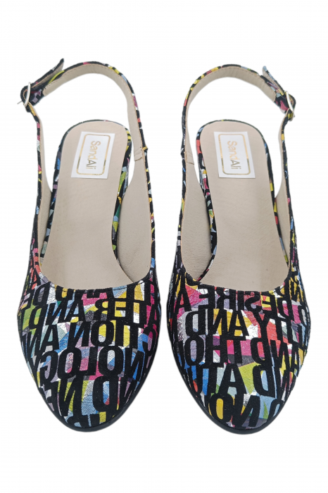 Pantofi sanda damă eleganți, piele naturală, toc gros, imprimeu litere, Sandali [4]