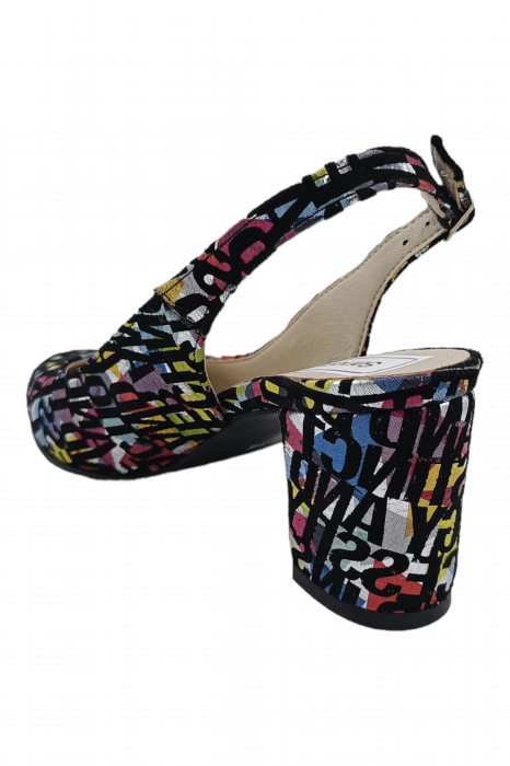 Pantofi sanda damă eleganți, piele naturală, toc gros, imprimeu litere, Sandali [3]