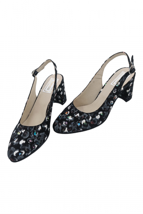 Pantofi sanda damă eleganți, piele naturală, toc gros, imprimeu negru păun, Sandali [5]