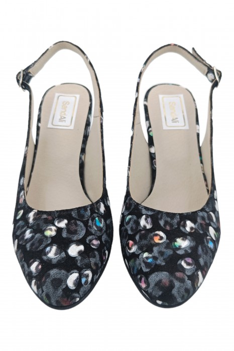 Pantofi sanda damă eleganți, piele naturală, toc gros, imprimeu negru păun, Sandali [4]