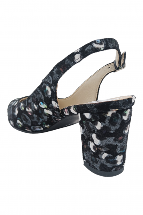 Pantofi sanda damă eleganți, piele naturală, toc gros, imprimeu negru păun, Sandali [3]