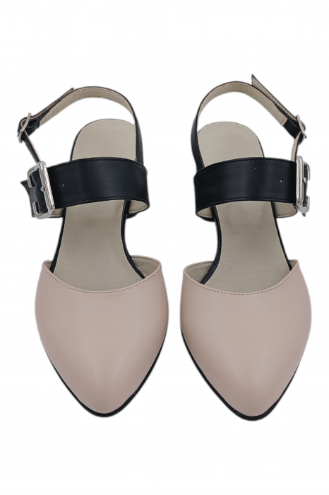 Pantofi sanda damă eleganți, piele naturală, vârf migdalat, toc gros, cu bareta lata, bej-negru [4]
