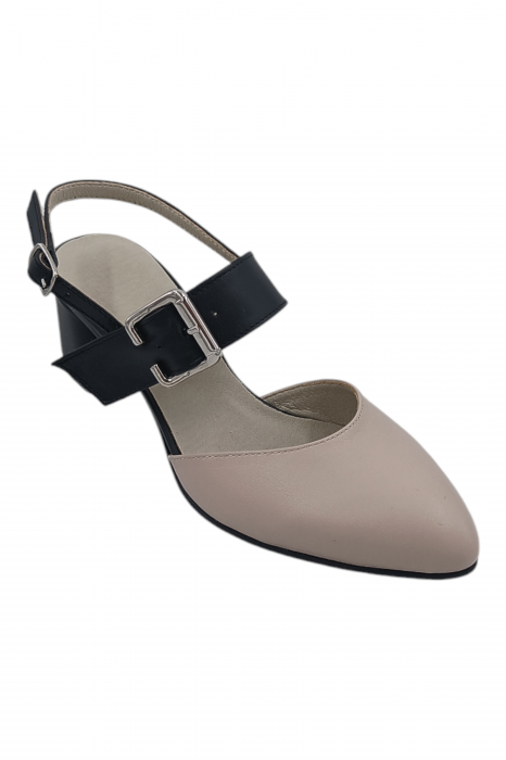 Pantofi sanda damă eleganți, piele naturală, vârf migdalat, toc gros, cu bareta lata, bej-negru [2]