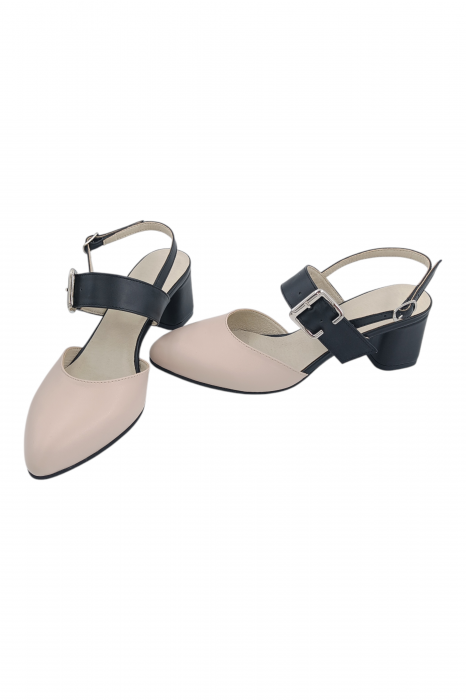 Pantofi sanda damă eleganți, piele naturală, vârf migdalat, toc gros, cu bareta lata, bej-negru [5]