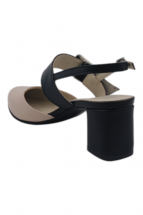 Pantofi sanda damă eleganți, piele naturală, vârf migdalat, toc gros, cu bareta lata, bej-negru [3]