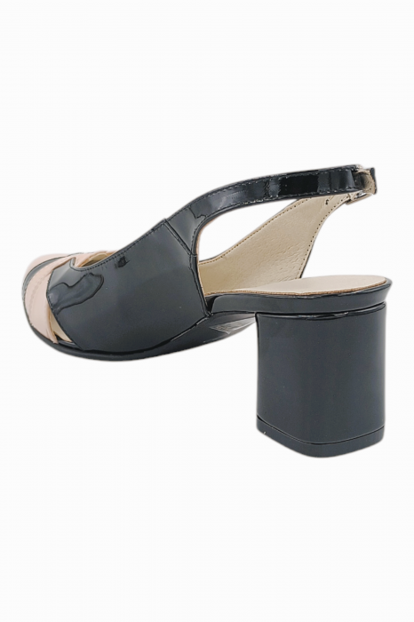 Pantofi sanda damă eleganți, piele lăcuită, vârf migdalat, toc gros, bej și negru [3]