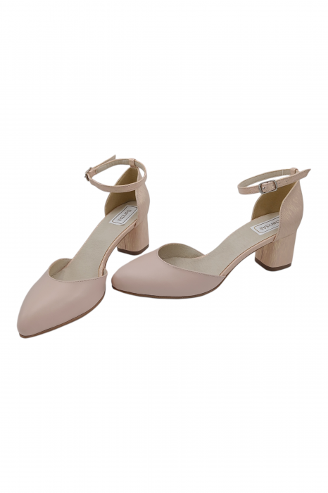 Pantofi sanda damă eleganți, piele naturală, varf migdalat, toc gros, imprimeu linii aurii, Sandali [4]