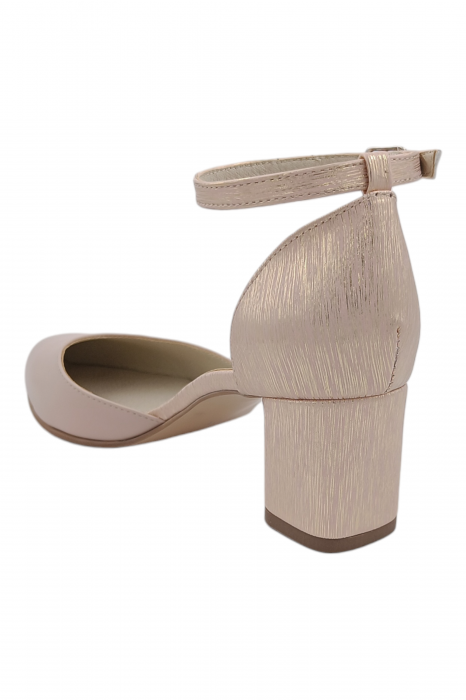 Pantofi sanda damă eleganți, piele naturală, varf migdalat, toc gros, imprimeu linii aurii, Sandali [3]