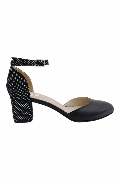 Pantofi sanda damă eleganți, piele naturală, varf migdalat, toc gros, imprimeu negru buline albe, Sandali [2]